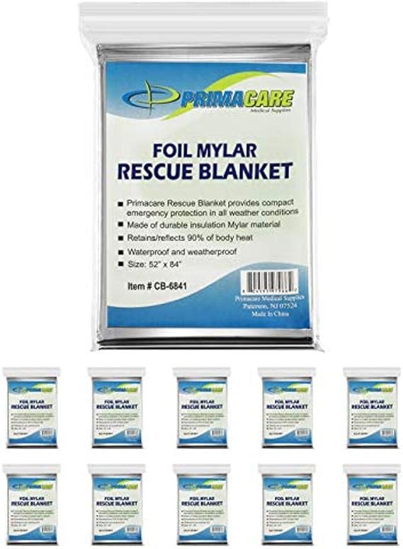 Primacare HB-10 Emergency Mylar Thermal Blankets 10 Pack, 84" x 52", Silver Reflective, Waterproof, Retains 90% Body Heat for Survival, First Aid, Outdoors, Camping, EMS
