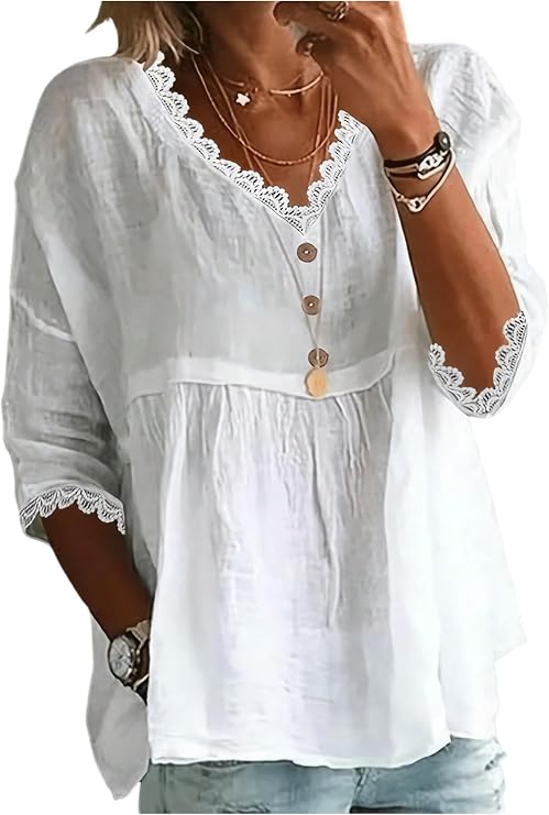 GORGLITTER Women's Lace Flowy Babydoll Peplum Tops Dressy Peasant Blouse | Boho 3/4 Sleeve Tunic Tops Dressy Casual, Eyelet V Neck, Loose Fit, Summer Western Going Out Outfits