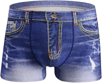 Mens Cotton Fake Jean Boxer Briefs Underwear U Pouch Cowboy Printed Boxer Trunks Panties