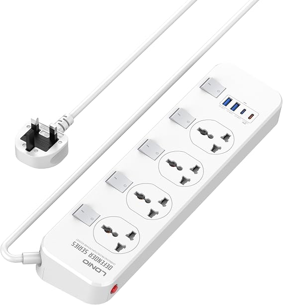 Extension Lead | Extension Lead with Usb Slots | 4 Universal Sockets | Surge Protector | 4 USB Ports (1xUSB-C 20W PD | 2xUSB-A) | Independent Switch | 6.5ft Power Cord | Child Safe Door