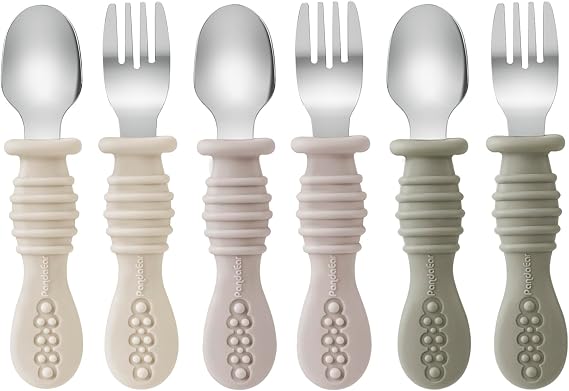 PandaEar 6 Pack Toddler Fork and Spoon Cutlery Set, Baby Stainless Steel Weaning Spoons Fork Self Feeding for Babies Kids with Silicone Handle, BPA Free
