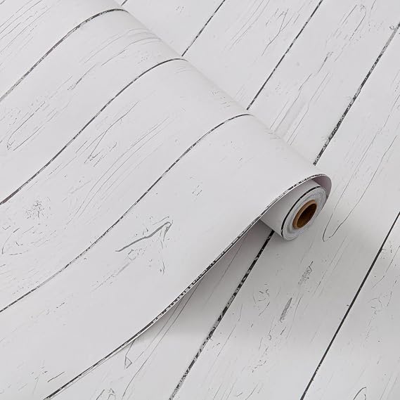 Self-Adhesive Removable Wood Grain Wallpaper, White Peel and Stick Wallpaper 17.5" x 78.7" Plank Contact Paper for Home Wall Decor & Furniture Renovation