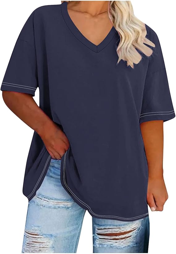 Plus Size Shirts for Women Summer Casual Short Sleeve Oversized Blouses 2025 Trendy V-Neck Tops Spring Loose T-Shirts