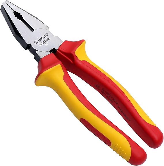 WEDO Insulated Linesman Pliers 7", VDE 1000V Combination Injection Pliers with Chrome Vanadium Steel Body and Dual Material Anti-Slip Handles, Jaw Hardness HRC58-63