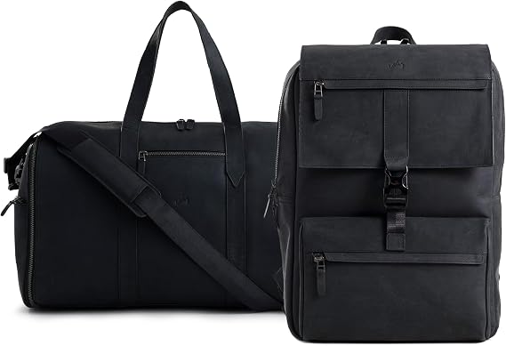 VELEZ Black Top Grain Leather Garment Bag + Backpack For Men