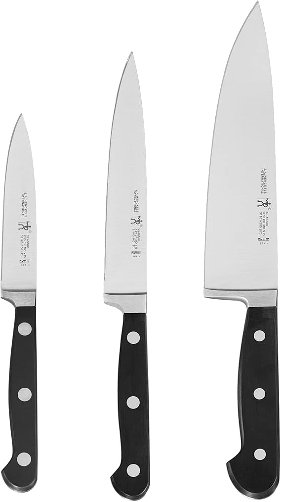 HENCKELS Classic 3-Pc Starter Chef Knife Set, Razor-Sharp German Engineered | Fully Forged Construction Provides Balance with Traditional Triple-Rivet Handles Enables Comfortable Easy Cutting.