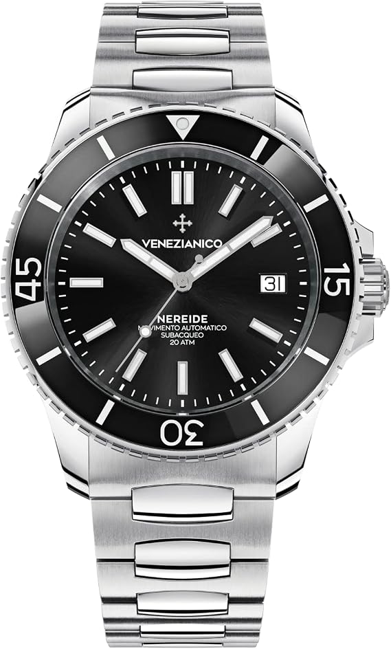 Venezianico Automatic Men's Diver Watch Neraid Black Stainless Steel Canova Bracelet 3321504C Water Resistant 200M, Black///White, Bracelet