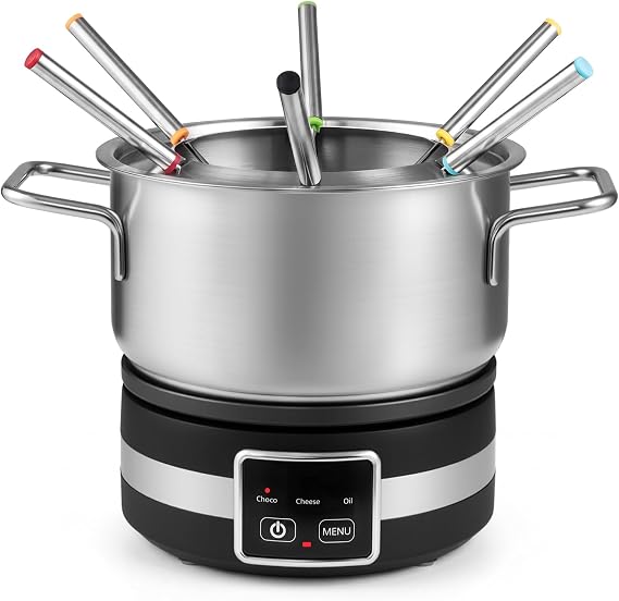 TANGZON Electric Fondue Pot Set with 6 Colour Coded Forks, 1200W 2.1L Stainless Steel Fondue Maker with Adjustable Temperature & Splash Protector, Cheese Chocolate Meat Melting Pot