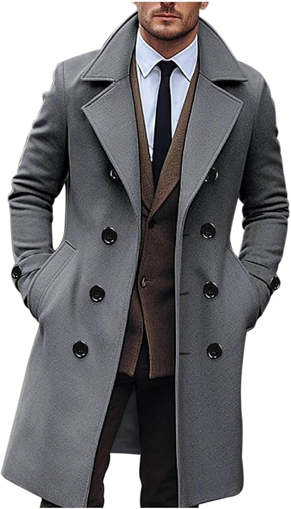 AEGJEGVD Wool Coats for Men UK Clearance,Long Trench Coat Mens Solid Turndown Long Sleeve Classic Business Coat Winter Casual Slim Fit Double Breasted Overcoat Windbreaker Warm Pea Coat S-3XL
