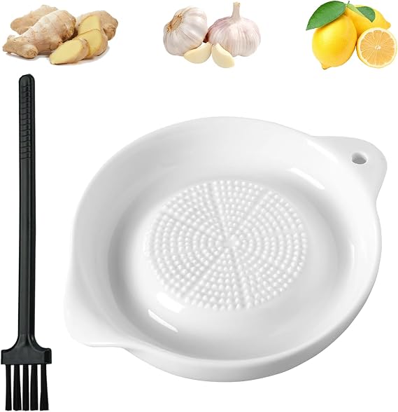 Garlic Ginger Grater Set - Ceramic Grater Plate with Mini Cleaning Brush, Perfect for Fruits, Vegetables, Spices, and Baby Food - White