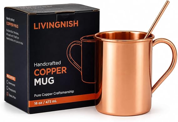 100% Solid Copper Cup, Unlined 16 oz Mug-Classic Plain