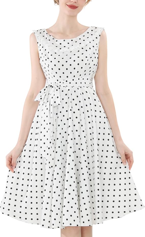Polka Dot Dress for Women 1950s Vintage Cocktail Dresses with Belt Midi Swing Dress