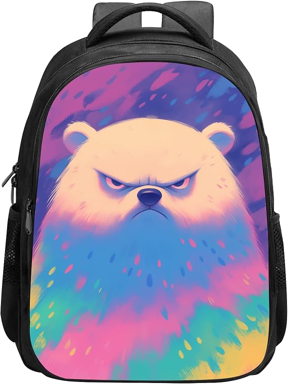 Bear Backpack Cute Angry Bear with Rainbow Leopard Cheetah Print Bookbag, Animal School Backpack Shoulder Bag, Elementary School Boys Girls Backpack, 16 Inch Backpack with 2 Compartments,