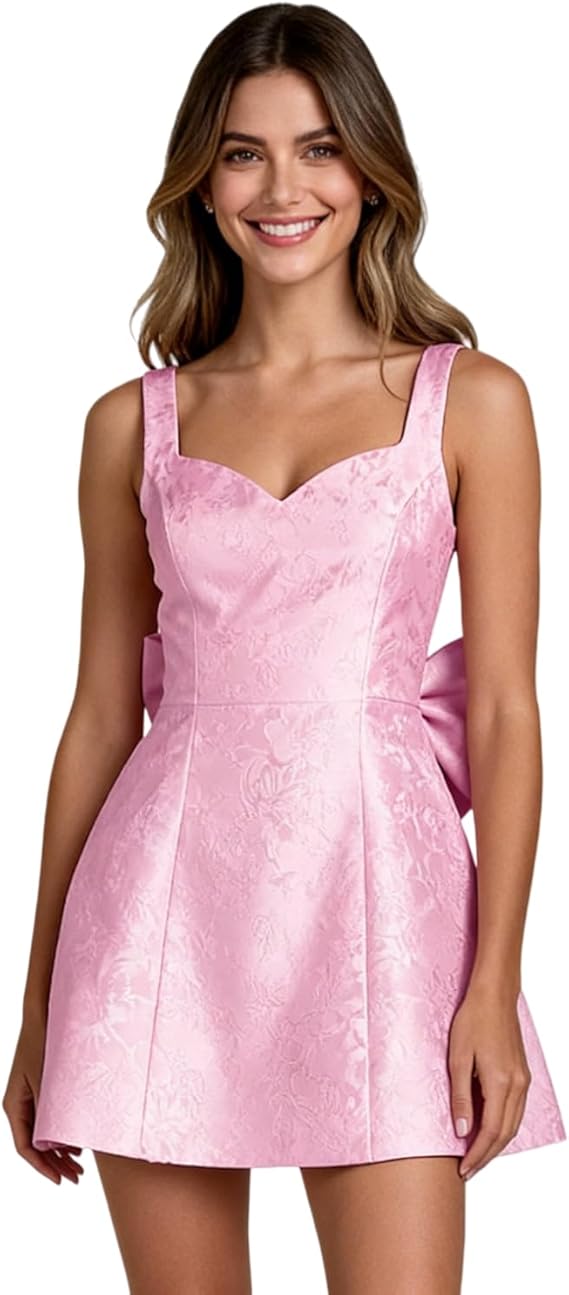 JUMISEE Jacquard Satin Homecoming Dress with Bow Elegant Embroidery A Line Graduation Mini Dress Short Prom Dresses