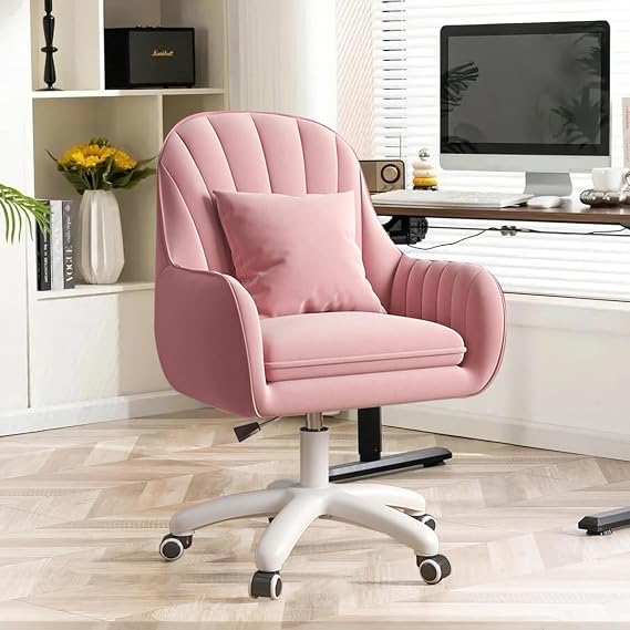 Home Office Chair Velvet Vanity Chairs Cute Makeup Desk Chair with Wheels Mid Back Computer Chairs Height Adjustable Small Swivel Rolling Task Chair（Pink,velvet,43 * 46 * 71）