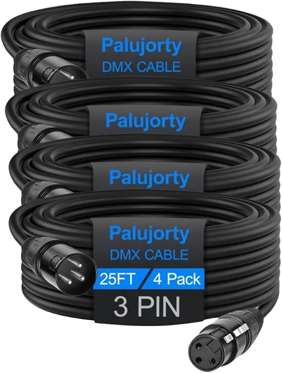25 FT DMX Cable 4 Pack, Palujorty Coiled 3 Pin DMX Cable for DJ Lighting Fixtures
