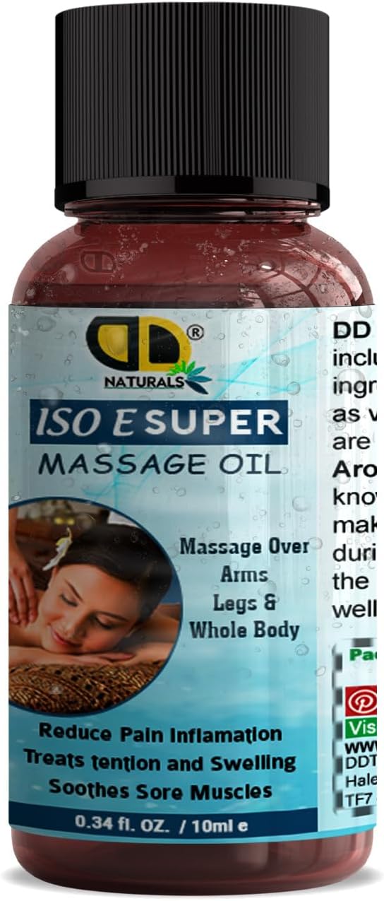 ISO Super E Relaxing Massage Oil for Sore Muscles - Spa Quality Sore Muscle Massage Oil - Warming Massage Oil Non Greasy & Body Massage Oil for Men & Women - 100% Natural (10ml Cap)