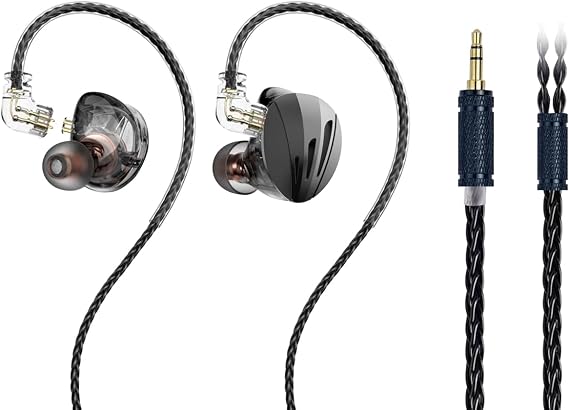 HiFi Earbuds with 1BD+1DD, Bass Sound Wired Earphone with Detachable Cable for Music and Gaming (Black, no mic)