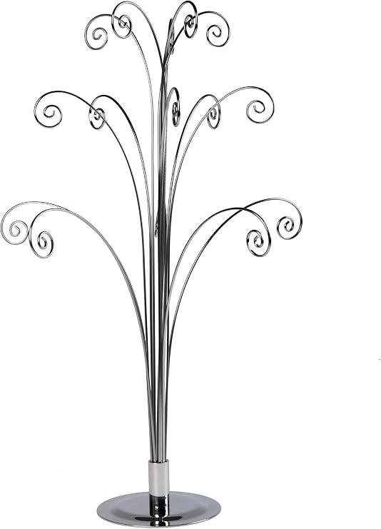 Creative Hobbies 20 Inch Tall Ornament Display Tree, Bright Silver Chrome Plated, Holds 15 Ornaments