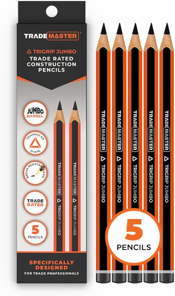 Carpenters Pencils Pack of 5 | Builders Pencil with TriGrip Jumbo Barrel - Construction Pencils Having Hard Lead for Marking Wood, Brick, Concrete & Plasterboard | Work Pencil for Builders