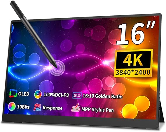 16" 4K OLED Portable Touch Screen 3840x2400 100% P3 Compatible with MPP Stylus Pen 1MS Eye Care PC Monitor for Laptop, Mac NUC Mini PC, VESA and Built-in Stand