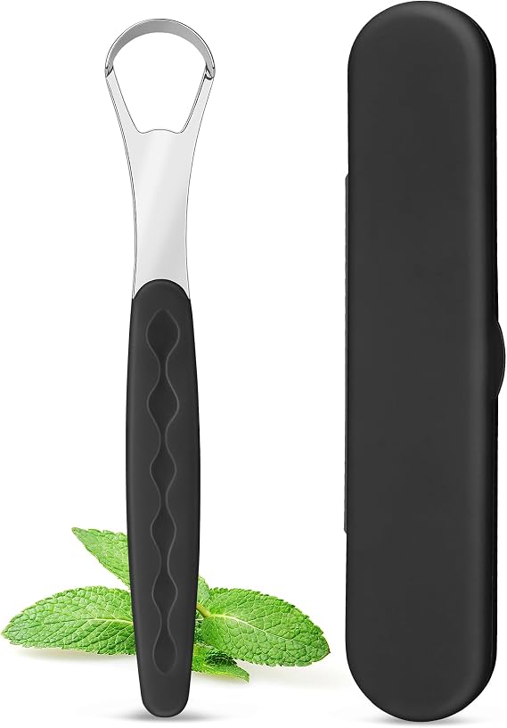 Tongue Scraper for Adults, Stainless Steel Tongue Scraper Cleaner with Case, Metal Scrapers for Kids, Travel, Home, Reduce Bad Breath and Breathe Fresh (Black)