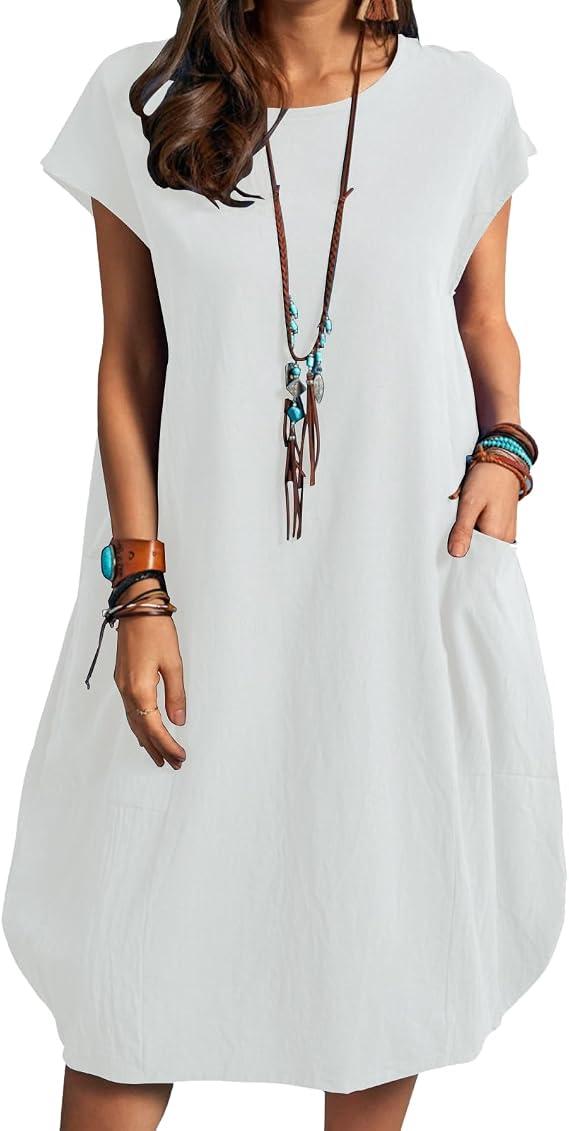 Cotton Linen Dress for Womens Summer Casual Short Sleeve Shirt Midi Dress Knee Length Dresses with Pockets