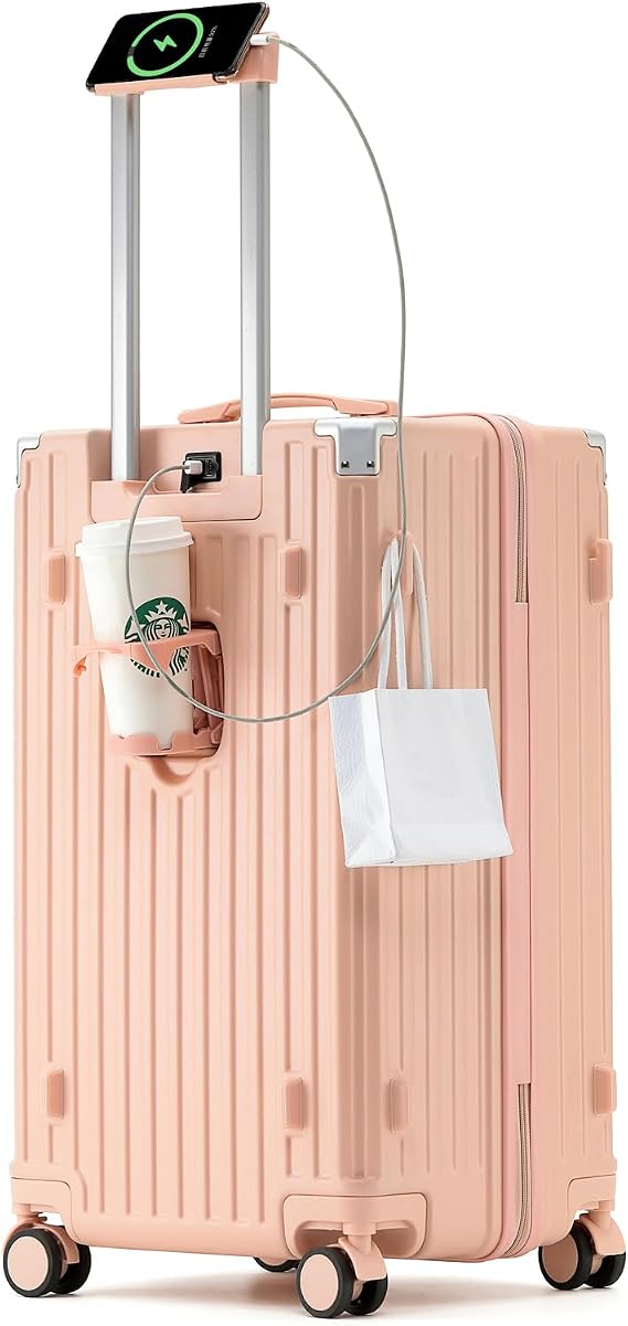 FREEFLY Hard Suitcase, Medium Cabin Suitcase, Carry On Luggage, 4 Wheel Suitcase, Best Lightweight Cabin Suitcase with Cup Holder USB Charging Port,Pink,20in