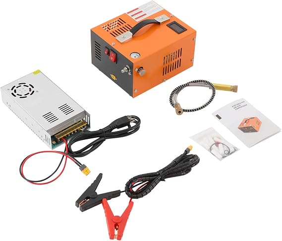 LED PCP Air Compressor 4500 PSI 30 MPa, Dual Power 110V AC/12V DC 300W Oil-Free High-Pressure Pump with Transformer, Fan-Cooled Portable for Paintball/PCP Rifle/HPA Tank & Scuba Diving Bottle