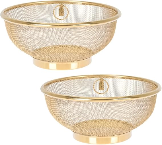 2-Pack Gold Stainless Steel Mesh Colander Set - Versatile Kitchen Strainers for Fruit, Sink, Rice - Fine Mesh Strainer Baskets for Efficient Food Drainage - Rust-Resistant and Durable