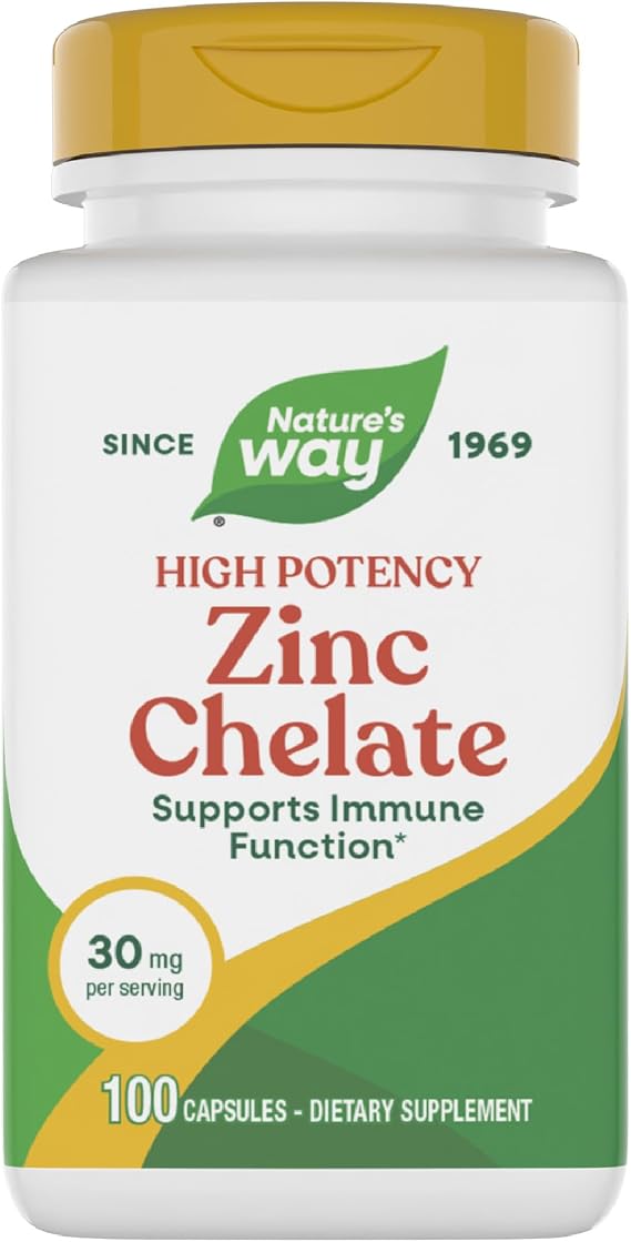 Nature's Way Zinc Chelate, Zinc Supplements, Supports Immune Function*, 30 mg per Serving, 100 Capsules (Packaging May Vary)