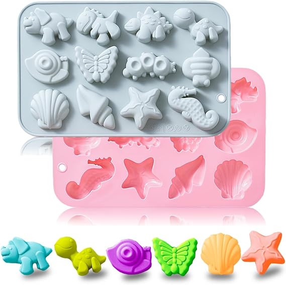 2 Pack Silicone Chocolate Molds with Animal Insect Marine Theme Dinosaur Butterfly Seashell Starfish Handmade Soap Mold Gummy Ice Cube Crayon Pastry Baking Tools for Cookie Chocolate Cake Decor