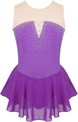 Kids Girls Figure Ice Skating Dance Dress Rhinestone Mesh Splice Tank Leotard Tutu Skirted