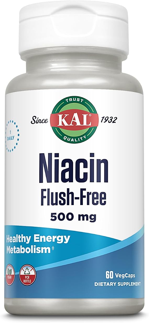 KAL Niacin 500mg Flush Free - Vitamin B3 Supplement - Metabolism and Energy Support - Skin, Nerve, Digestive Health and Circulation Support - Vegan Vitamin, 60 Servings, 60 VegCaps