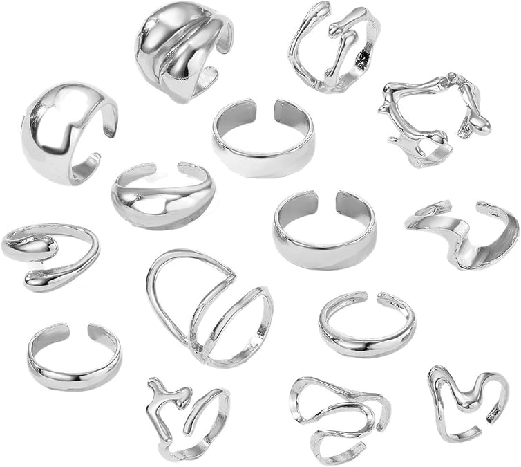 15 Pcs Chunky Silver Ring Set, Adjustable Stackable Knuckle Jewellery