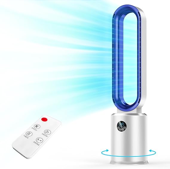 Bladeless Tower Fan, 38" Quiet Tower Fan with Remote, 24 Speeds, 12H Timer, 60 Swing, LED Display with Auto Off, Easy to Clean, Portable Low Noise Standing Fan Powerful Floor Fan for Home Office