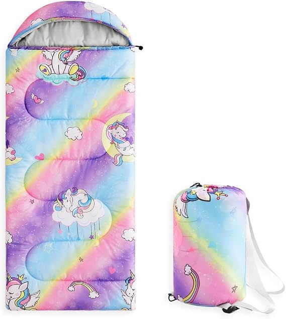 Wake In Cloud - Kids Sleeping Bag for Girls Toddlers, Camping in Warm Cold Weather, Backpacking Lightweight Compact Outdoor Liner for 3 Seasons, Unicorns Rainbow Hearts