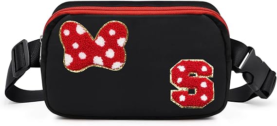 Black Chenille Initial Letter Bow Mouse Fanny Pack for Teen Girls Women | Waterproof Park Crossbody Bag Christmas Birthday Gifts for Girls Daughter Women Kids Adults, Cute Belt Bag for Park Travel S