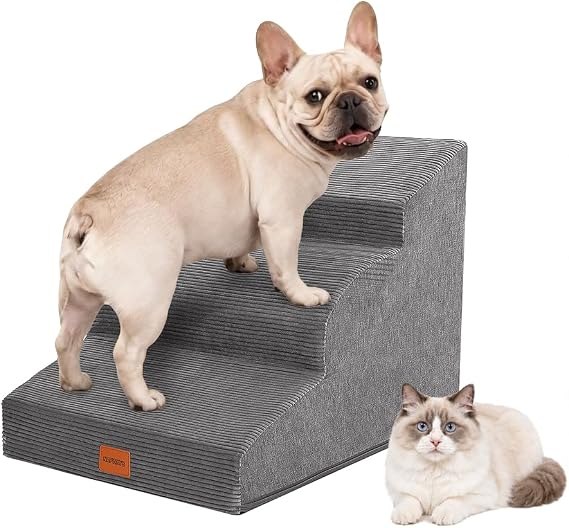 Dog Stairs for Small Dogs,15.7" H,3-Step Curved Pet Ramp for Bed Couch Sofa and Chair,Non-Slip Pet Steps for Injured & Senior Pets with Washable Cover and Durable High Density Foam,Grey