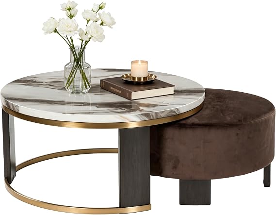 Signature Design by Ashley Jazmore Contemporary Faux Marble Nesting Coffee Table with Velvet Upholstered Ottoman, Set of 2, White & Dark Brown