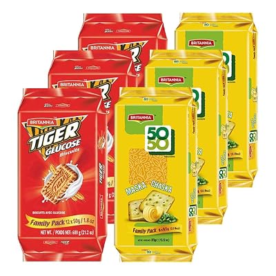 Britannia Crackers 50 50 Maska Chaska Biscuit 13.12oz 372g & Tiger Glucose Biscuits Family Pack 21.2oz 600g - 3 Each Pack of 6