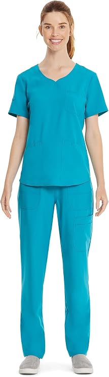 ScrubStar Scrub Sets for Woman Sweetheart V-Neck Top & Cargo Scrubs Pant, Aquamarine, S