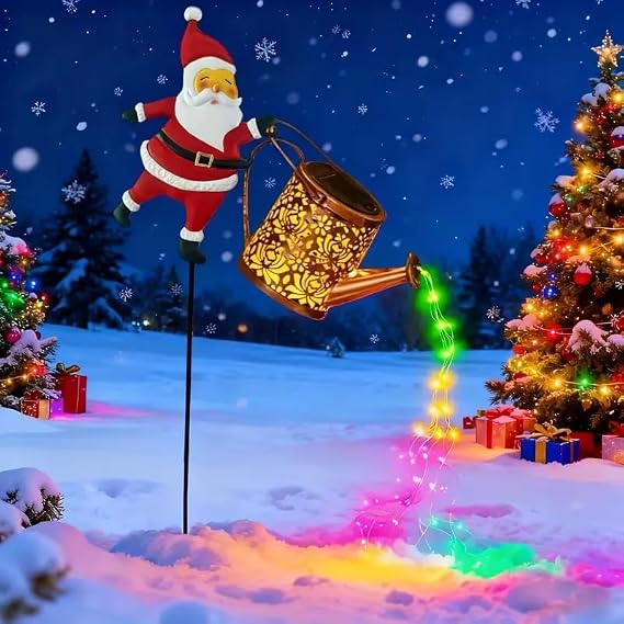 Christmas Santa Solar Kettle Lights, Solar Garden Watering Can Lights with Cascading Lights, Waterproof Hanging Metal Outdoor Lantern Decorations for Garden Patio Porch Yard (Colorful)