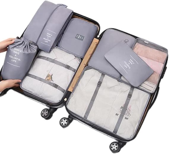 8 pcs Packing Cubes Set, Travel Luggage Organizer Storage Bags Suitcase Packing Cases Including Updated Toiletry Bag, Laundry Bag & Shoes Bag (Grey)