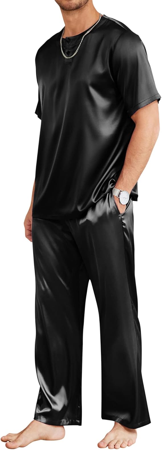 Ekouaer Mens Silk Pajama Set Short Sleeve Sleepwear Satin Pj with Long Pant
