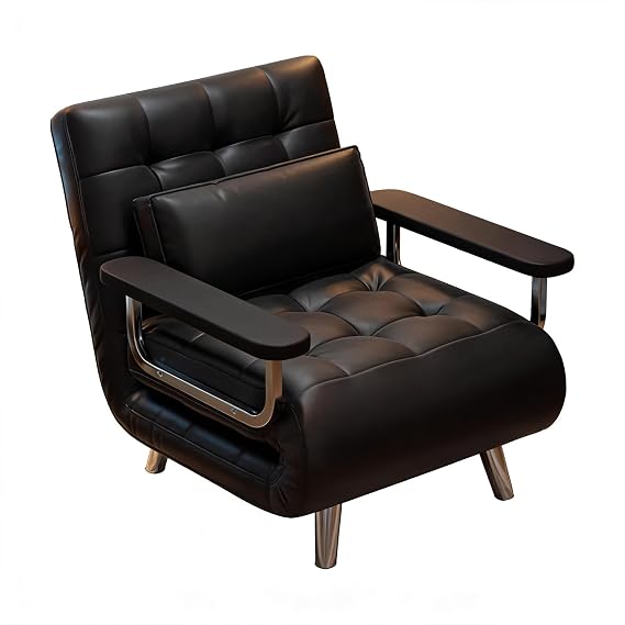 3-in-1 Convertible Sleeper Chair 5-Position Adjustable Backrest, Faux Leather Sofa Bed with Metal Frame, Space-Saving for Small Apartments, RVs, Guest Rooms