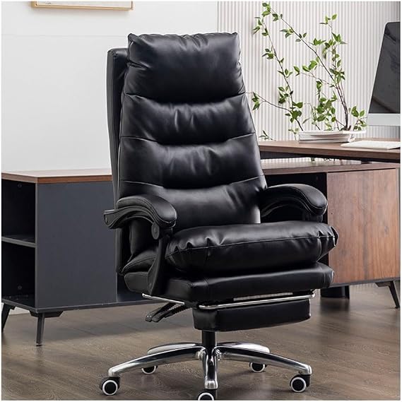 Office Chair with Foot Rest, Executive Chair Ergonomic with Thickened Spring Seat Cushion 7-Point Massage Aluminium Alloy Base 90-175 Adjustable Backrest 360 Swivel Black