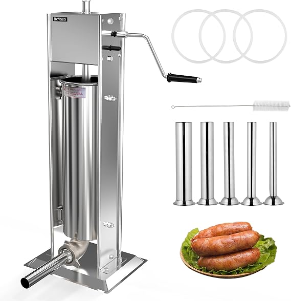 ROVSUN 15LBS/7L Manual Sausage Stuffer, Two Speed Stainless Steel Vertical Sausage Maker, Meat Filling Machine with 5 Stuffing Tubes for Commercial and Home