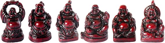 Set of 6 Chinese Laughing Lucky Buddha Statues Resin Happy Buddha Figurines Feng Shui for Luck Wealth Good Gift and Collection (1'', Dark red)