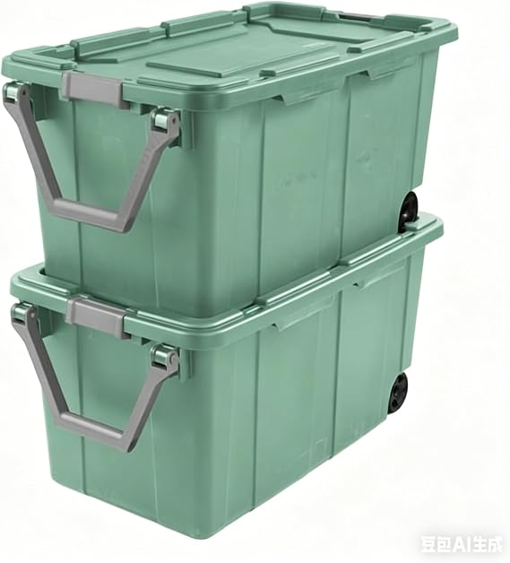 Extra Large Wheeled Industrial Storage Bin, 40 Gallon Rugged Plastic Storage Tote with Latch Lid and Pull Handle, Light Green, 2 Pack